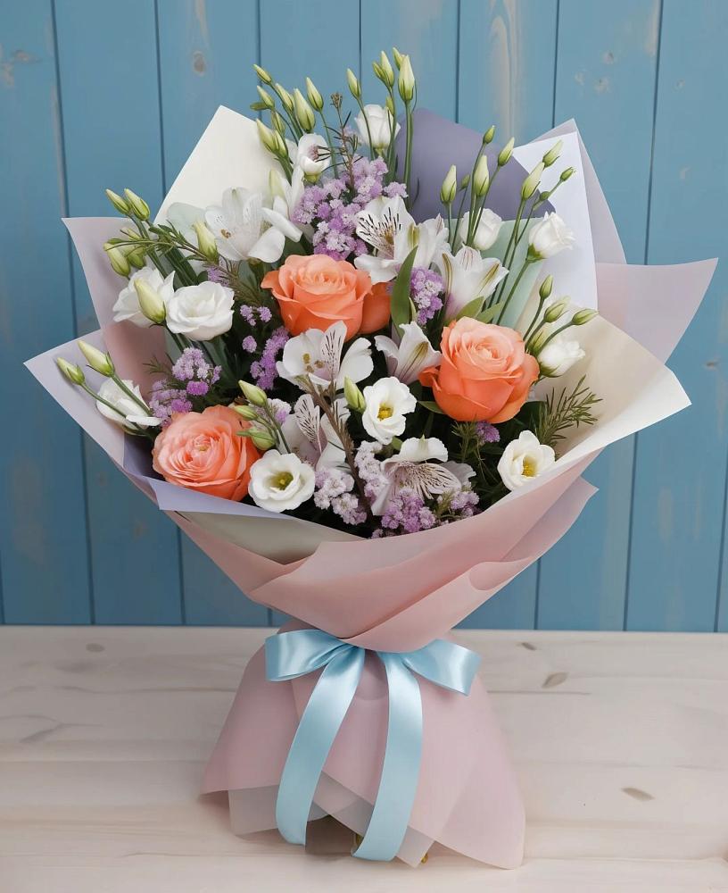 Букет цветов из: Лизиантусы, Розы, Альстромерии и Гипсофила в Эртиле